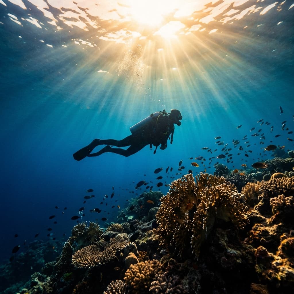 Diver navigating a coral reef